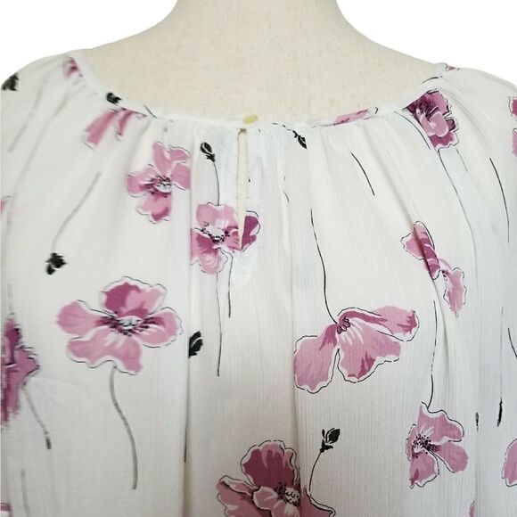 Chaps White & Pink Floral 3/4 Ruffle Sleeve Keyhole Chiffon Blouse Size M - Picture 4 of 6